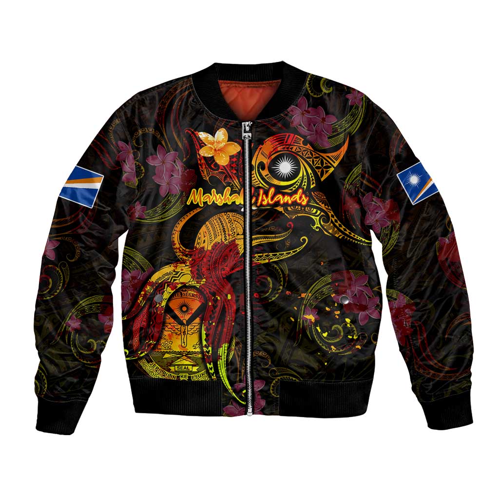 Marshall Islands Bomber Jacket Octopus Plumeria Polynesian Tattoo DT02 Unisex Black - Polynesian Pride