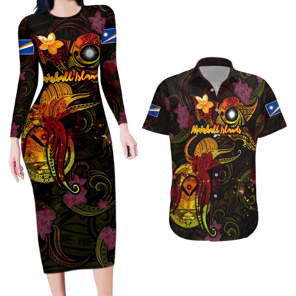 Marshall Islands Couples Matching Long Sleeve Bodycon Dress and Hawaiian Shirt Octopus Plumeria Polynesian Tattoo DT02 Black - Polynesian Pride