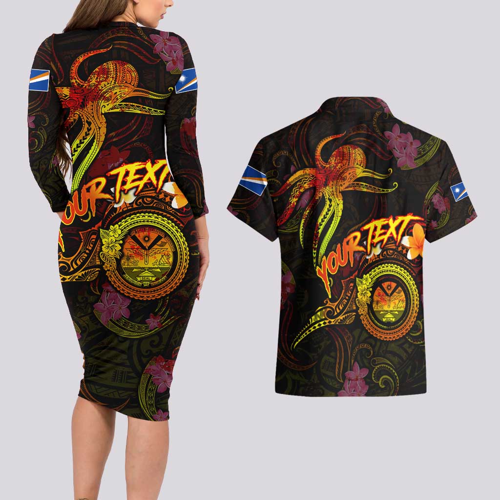 Marshall Islands Couples Matching Long Sleeve Bodycon Dress and Hawaiian Shirt Octopus Plumeria Polynesian Tattoo DT02 - Polynesian Pride