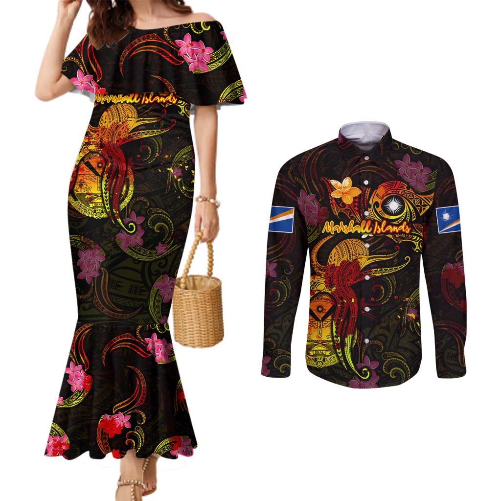 Marshall Islands Couples Matching Mermaid Dress and Long Sleeve Button Shirt Octopus Plumeria Polynesian Tattoo DT02 Black - Polynesian Pride