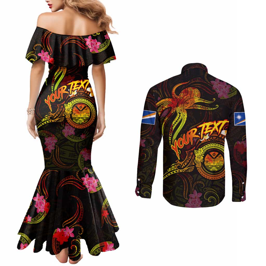 Marshall Islands Couples Matching Mermaid Dress and Long Sleeve Button Shirt Octopus Plumeria Polynesian Tattoo DT02 - Polynesian Pride