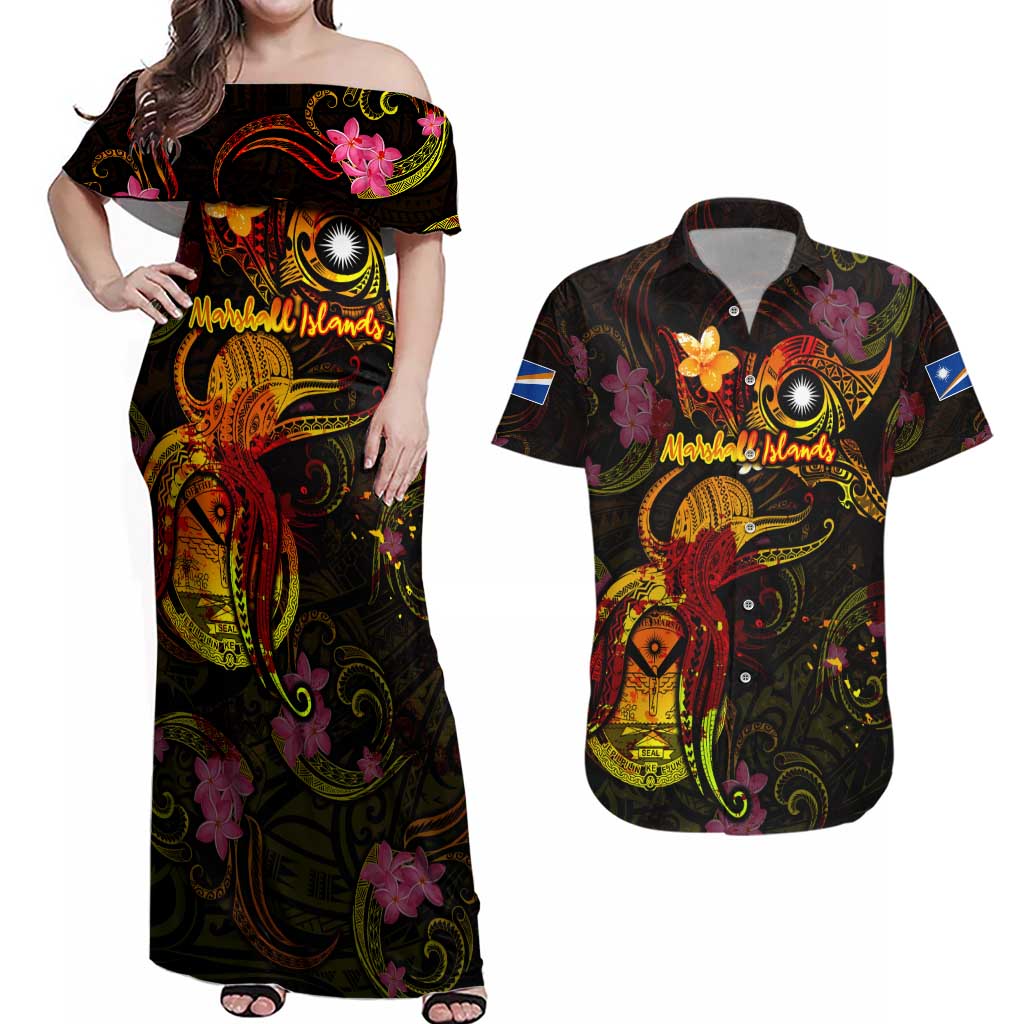 Marshall Islands Couples Matching Off Shoulder Maxi Dress and Hawaiian Shirt Octopus Plumeria Polynesian Tattoo DT02 Black - Polynesian Pride
