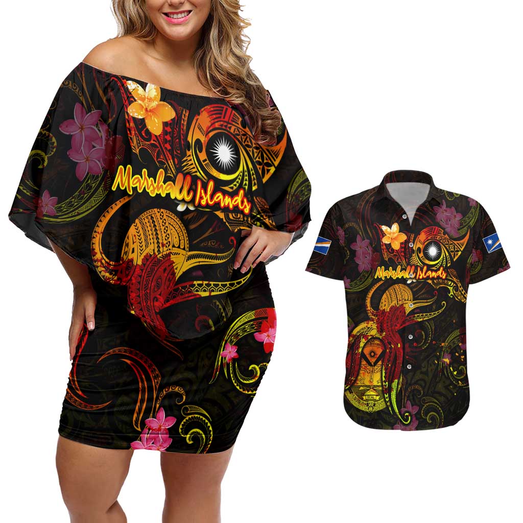 Marshall Islands Couples Matching Off Shoulder Short Dress and Hawaiian Shirt Octopus Plumeria Polynesian Tattoo DT02 Black - Polynesian Pride
