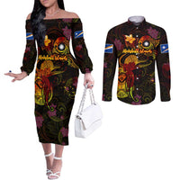 Marshall Islands Couples Matching Off The Shoulder Long Sleeve Dress and Long Sleeve Button Shirt Octopus Plumeria Polynesian Tattoo DT02 Black - Polynesian Pride