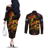 Marshall Islands Couples Matching Off The Shoulder Long Sleeve Dress and Long Sleeve Button Shirt Octopus Plumeria Polynesian Tattoo DT02 - Polynesian Pride