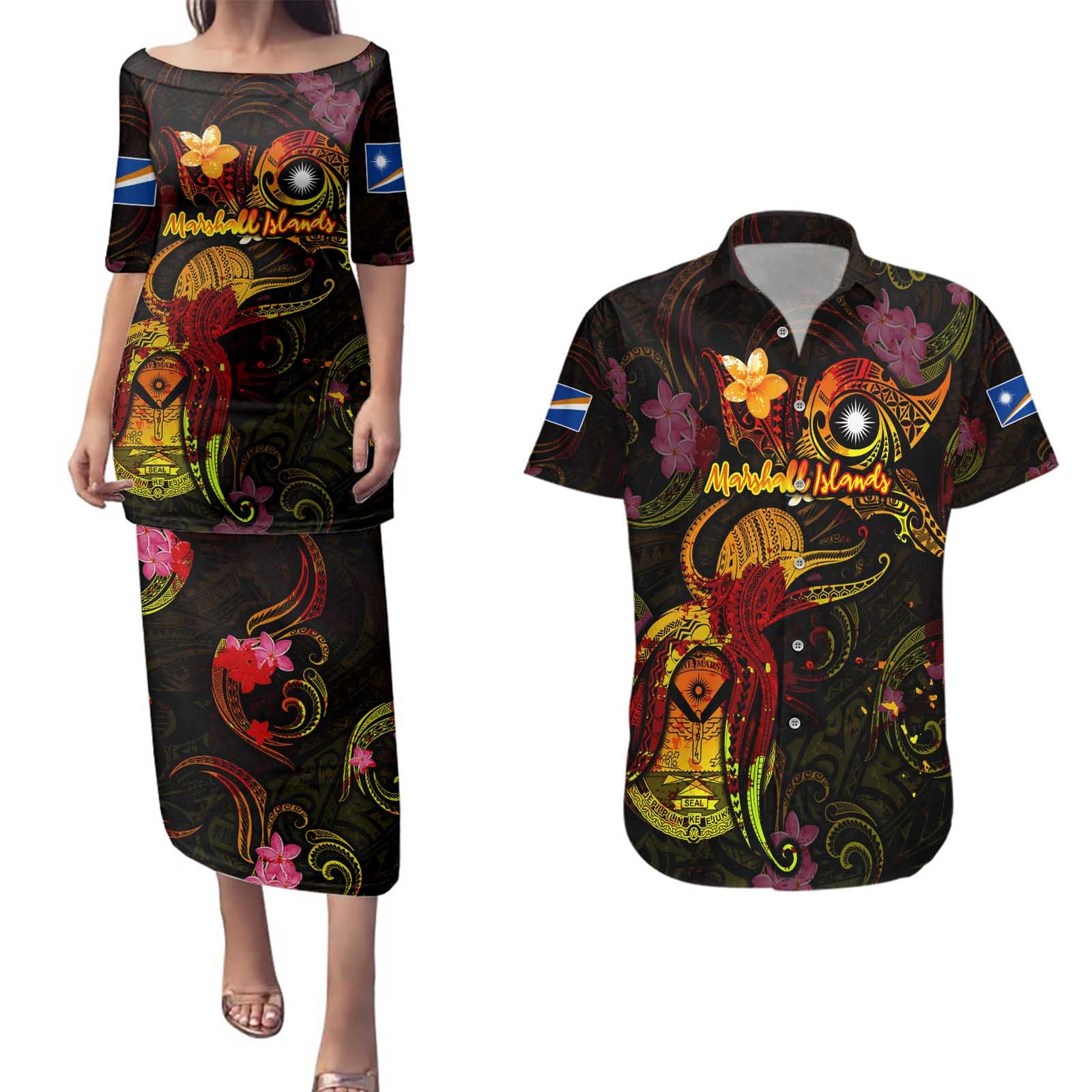 Marshall Islands Couples Matching Puletasi and Hawaiian Shirt Octopus Plumeria Polynesian Tattoo DT02 Black - Polynesian Pride