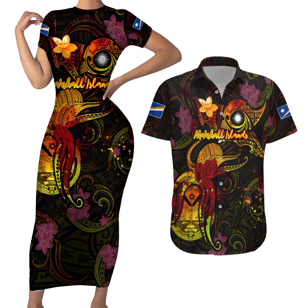 Marshall Islands Couples Matching Short Sleeve Bodycon Dress and Hawaiian Shirt Octopus Plumeria Polynesian Tattoo DT02 Black - Polynesian Pride