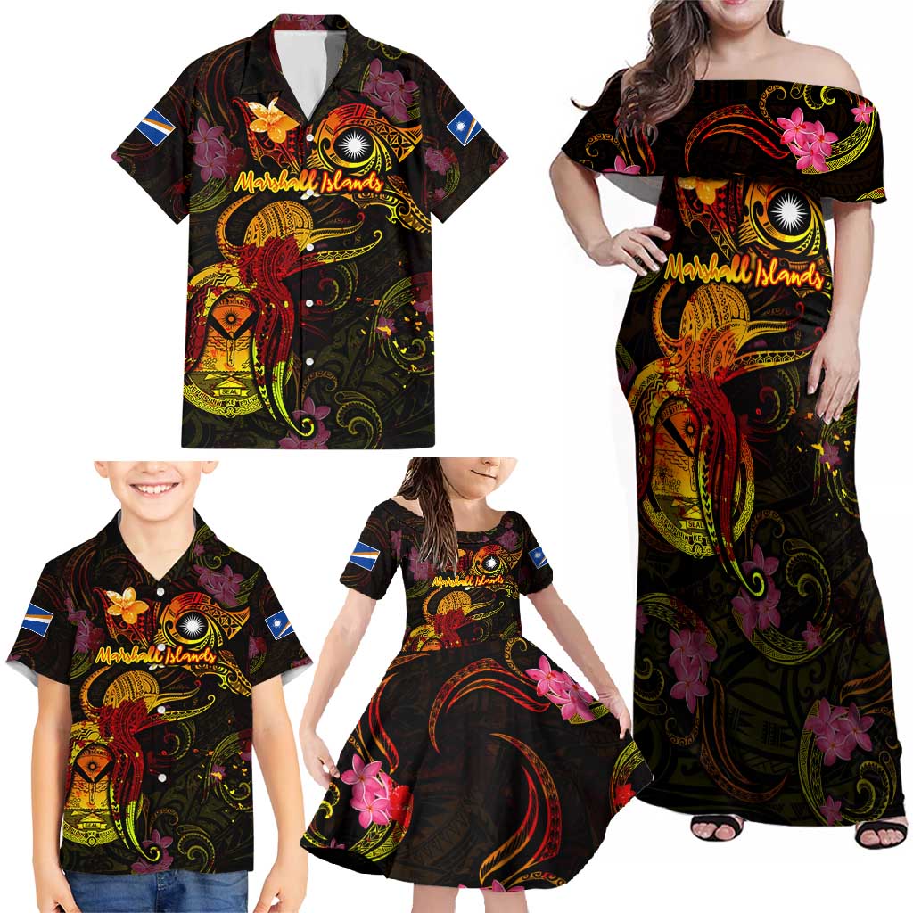 Marshall Islands Family Matching Off Shoulder Maxi Dress and Hawaiian Shirt Octopus Plumeria Polynesian Tattoo