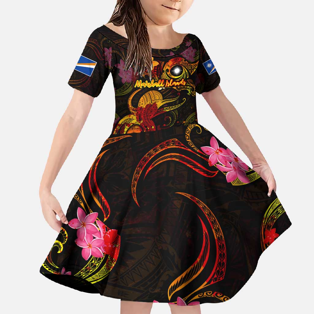 Marshall Islands Family Matching Short Sleeve Bodycon Dress and Hawaiian Shirt Octopus Plumeria Polynesian Tattoo DT02 Daughter's Dress Black - Polynesian Pride