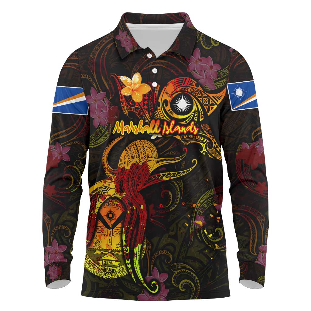 Marshall Islands Long Sleeve Polo Shirt Octopus Plumeria Polynesian Tattoo DT02 Black - Polynesian Pride