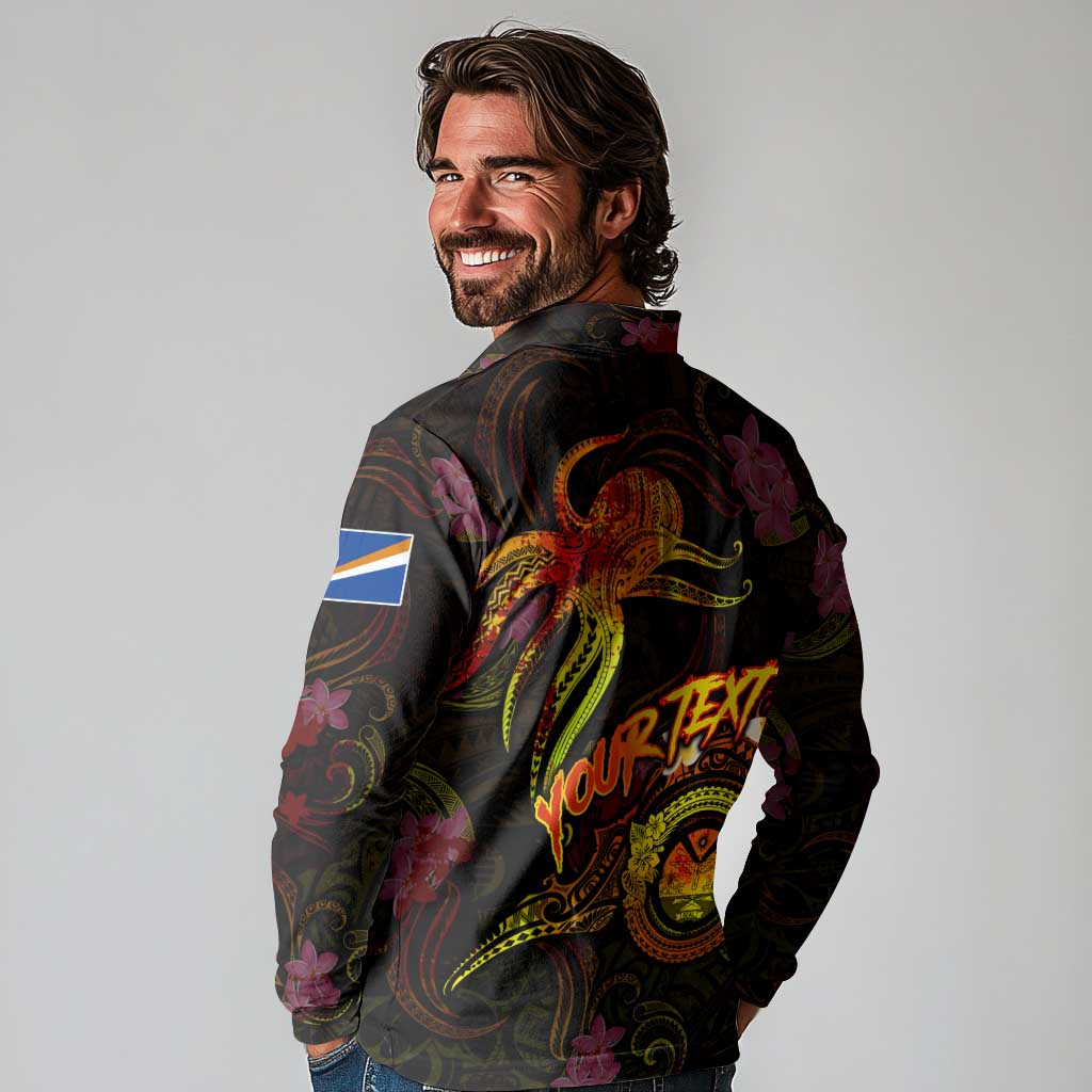 Marshall Islands Long Sleeve Polo Shirt Octopus Plumeria Polynesian Tattoo