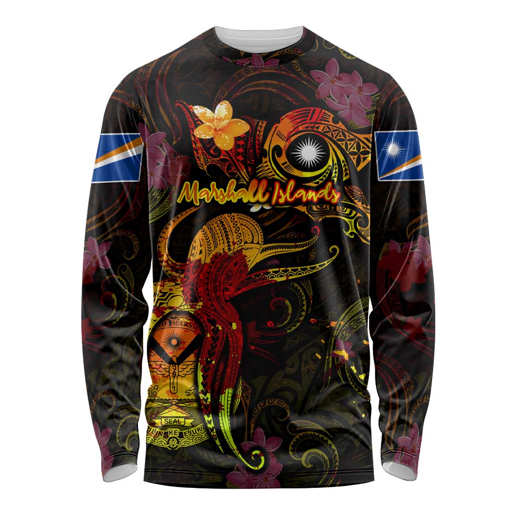 Marshall Islands Long Sleeve Shirt Octopus Plumeria Polynesian Tattoo DT02 Unisex Black - Polynesian Pride