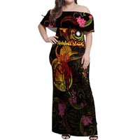 Marshall Islands Off Shoulder Maxi Dress Octopus Plumeria Polynesian Tattoo DT02 Women Black - Polynesian Pride