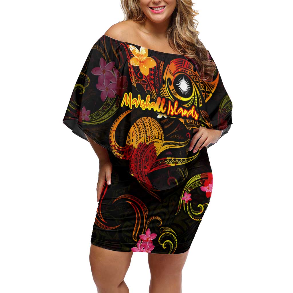 Marshall Islands Off Shoulder Short Dress Octopus Plumeria Polynesian Tattoo DT02 Women Black - Polynesian Pride