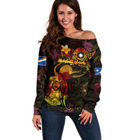 Marshall Islands Off Shoulder Sweater Octopus Plumeria Polynesian Tattoo DT02 Women Black - Polynesian Pride