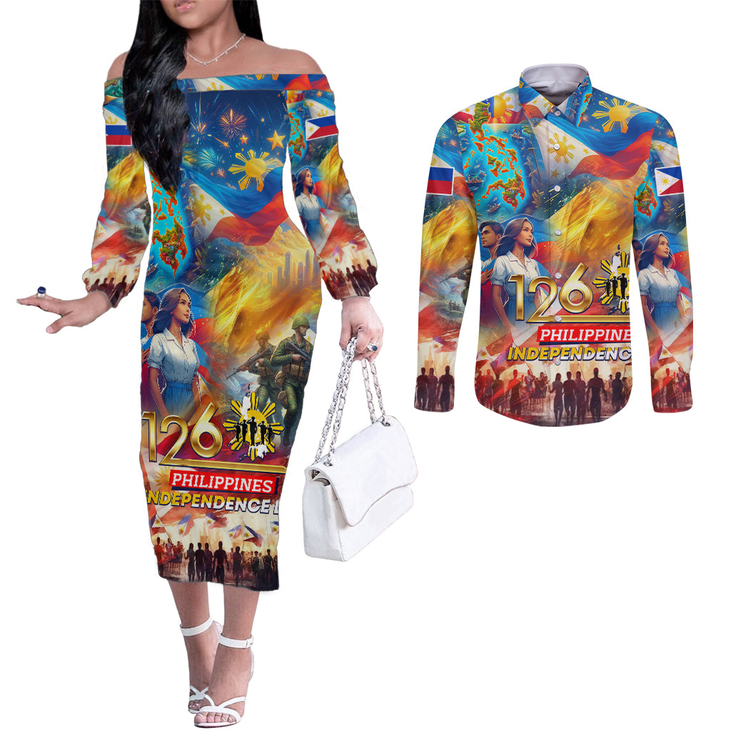 Custom The Philippines 126th Independence Anniversary Couples Matching Off The Shoulder Long Sleeve Dress and Long Sleeve Button Shirt Art Style
