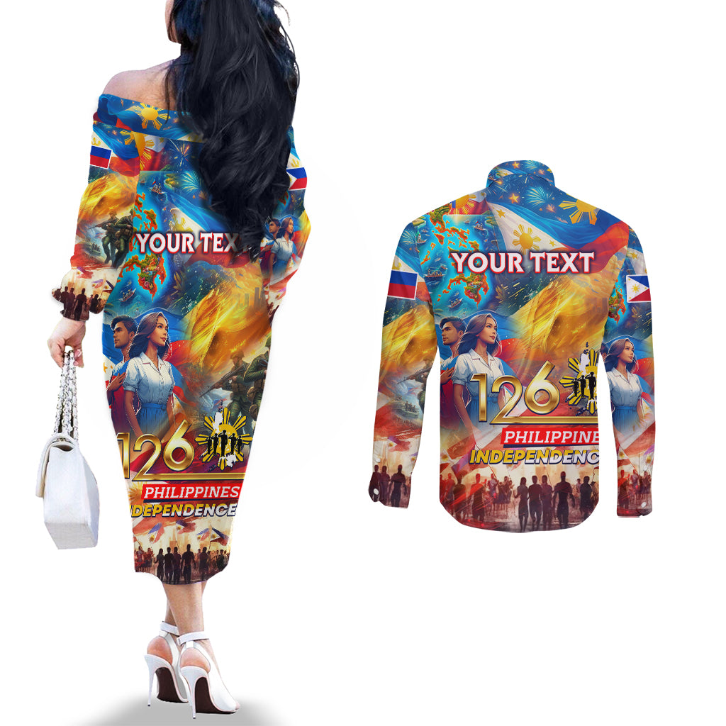Custom The Philippines 126th Independence Anniversary Couples Matching Off The Shoulder Long Sleeve Dress and Long Sleeve Button Shirt Art Style