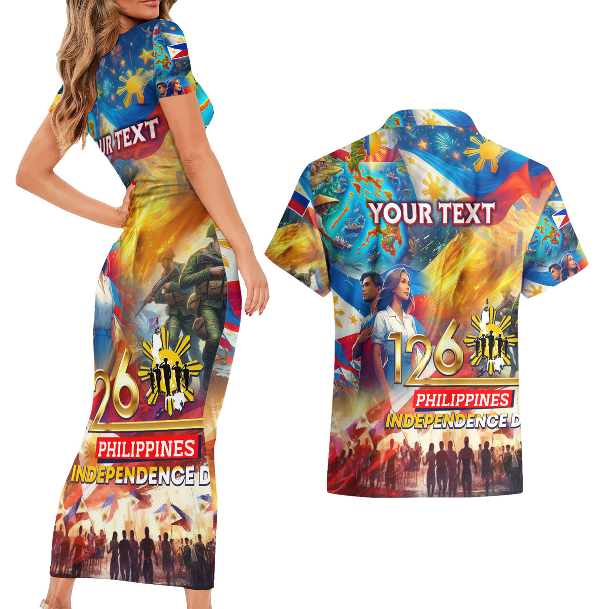 Custom The Philippines 126th Independence Anniversary Couples Matching Short Sleeve Bodycon Dress and Hawaiian Shirt Art Style