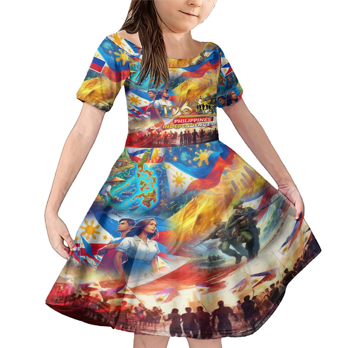 Custom The Philippines 126th Independence Anniversary Family Matching Mermaid Dress and Hawaiian Shirt Art Style