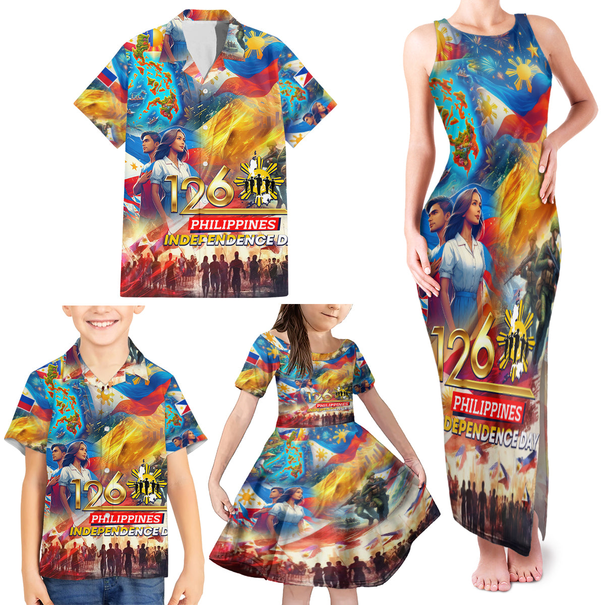 Custom The Philippines 126th Independence Anniversary Family Matching Tank Maxi Dress and Hawaiian Shirt Art Style