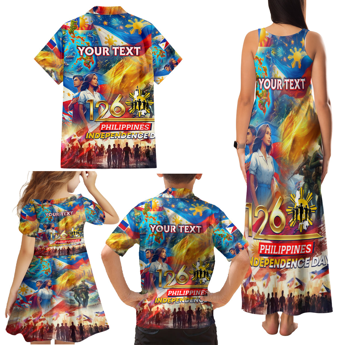 Custom The Philippines 126th Independence Anniversary Family Matching Tank Maxi Dress and Hawaiian Shirt Art Style
