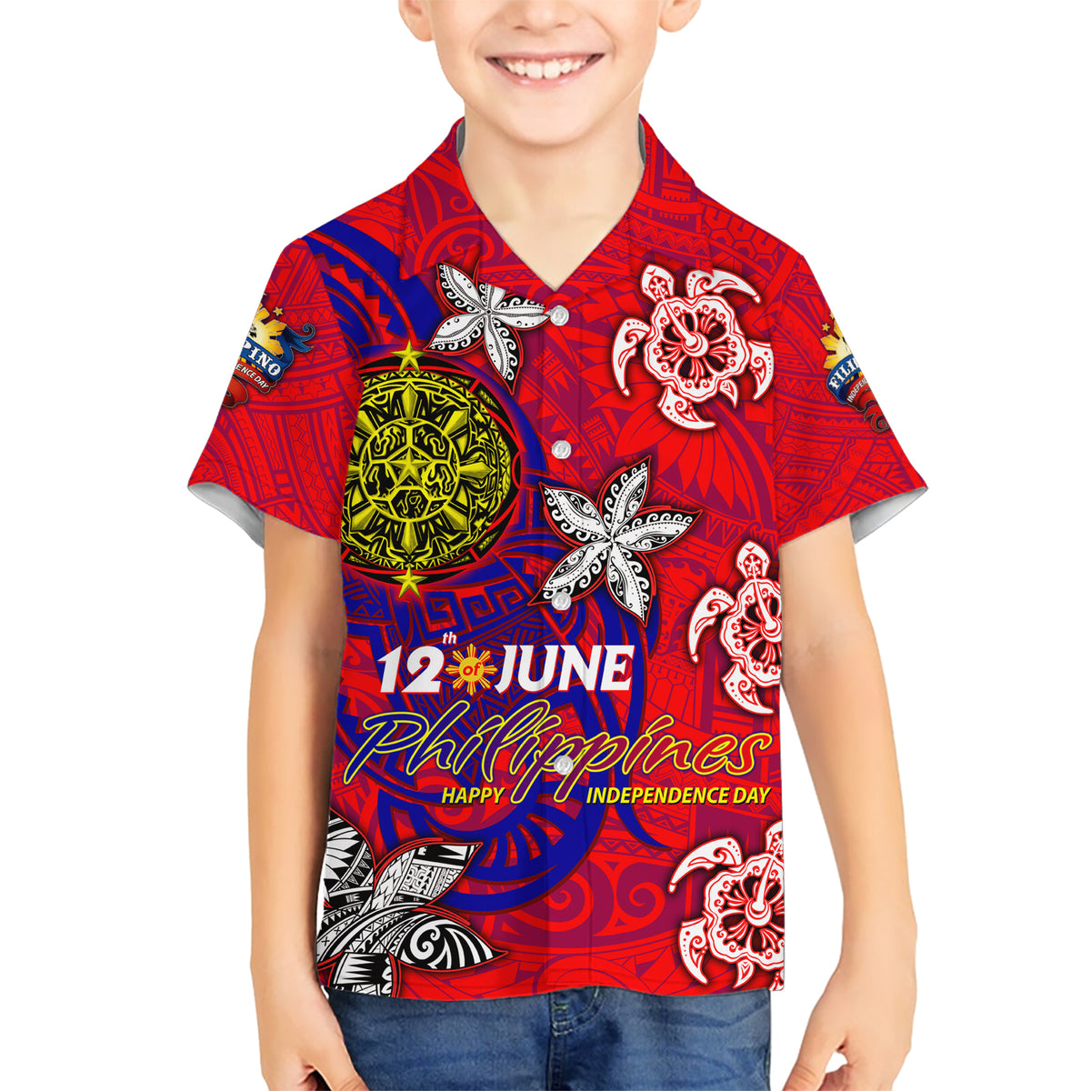 Personalized Philippines 12 June Independence Day Kid Hawaiian Shirt Polynesian Turtle Plumeria