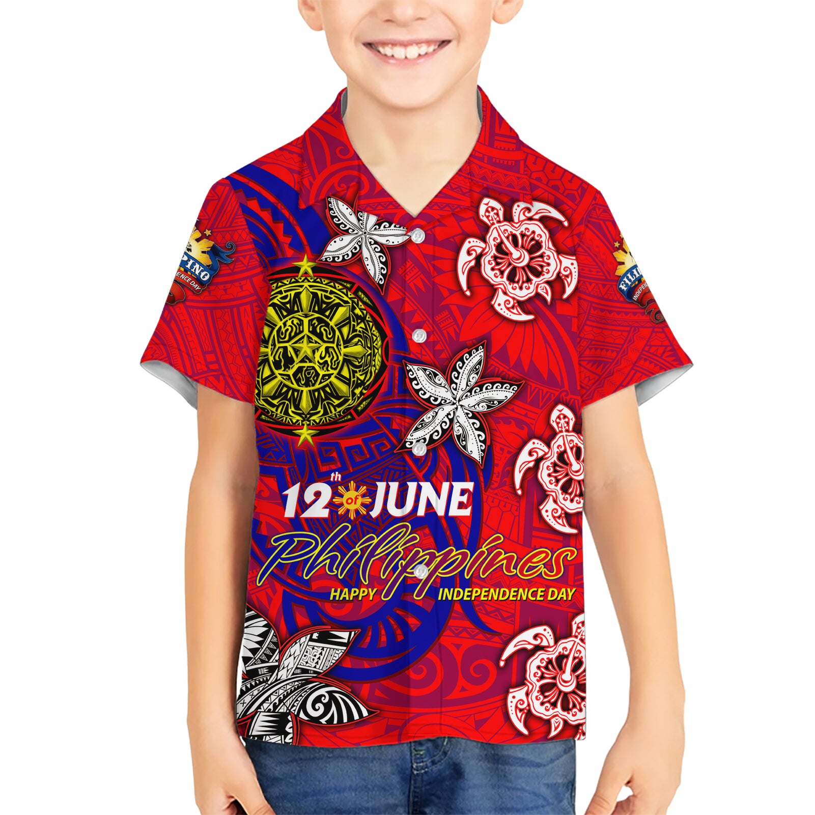 Personalized Philippines 12 June Independence Day Kid Hawaiian Shirt Polynesian Turtle Plumeria