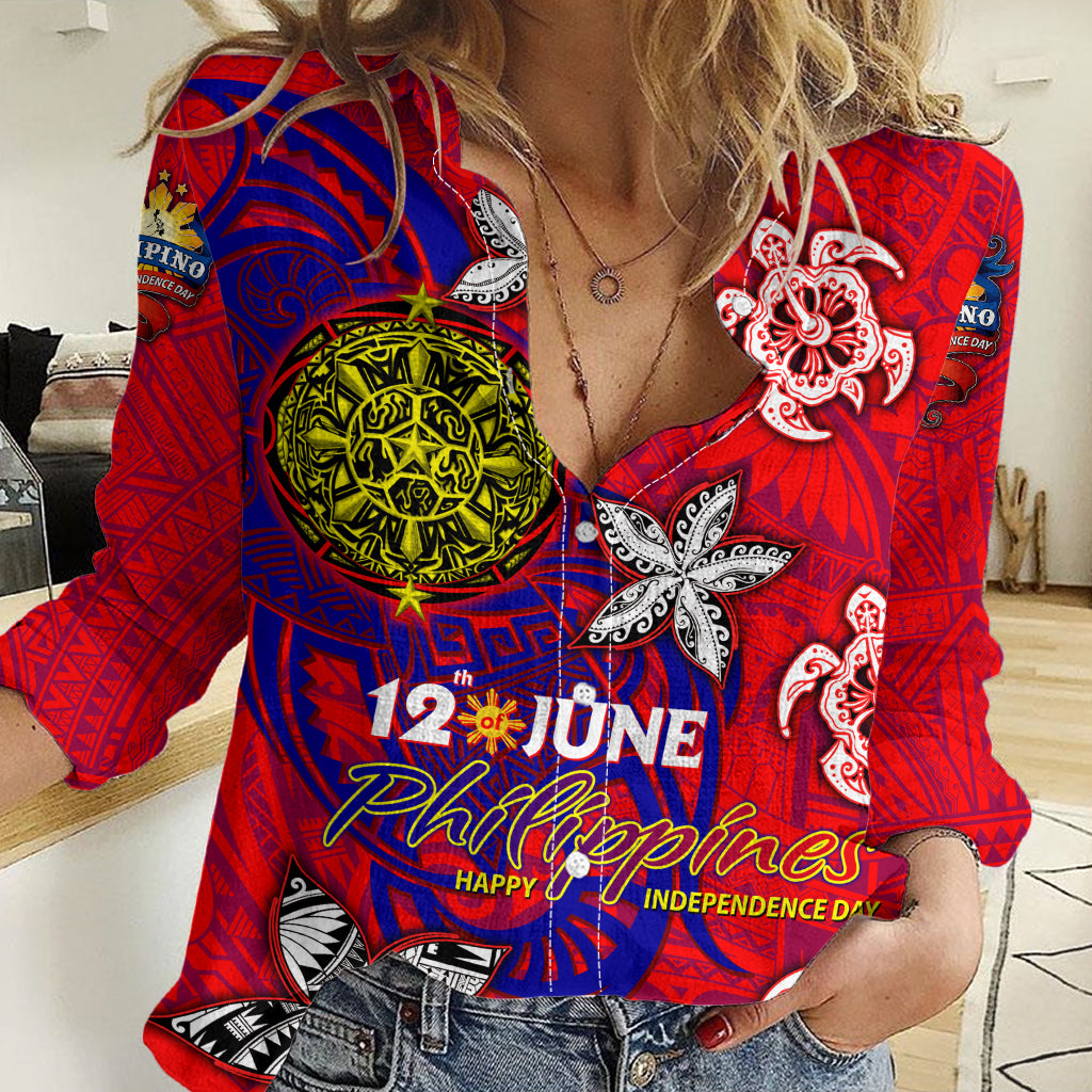 Personalized Philippines 12 June Independence Day Women Casual Shirt Polynesian Turtle Plumeria