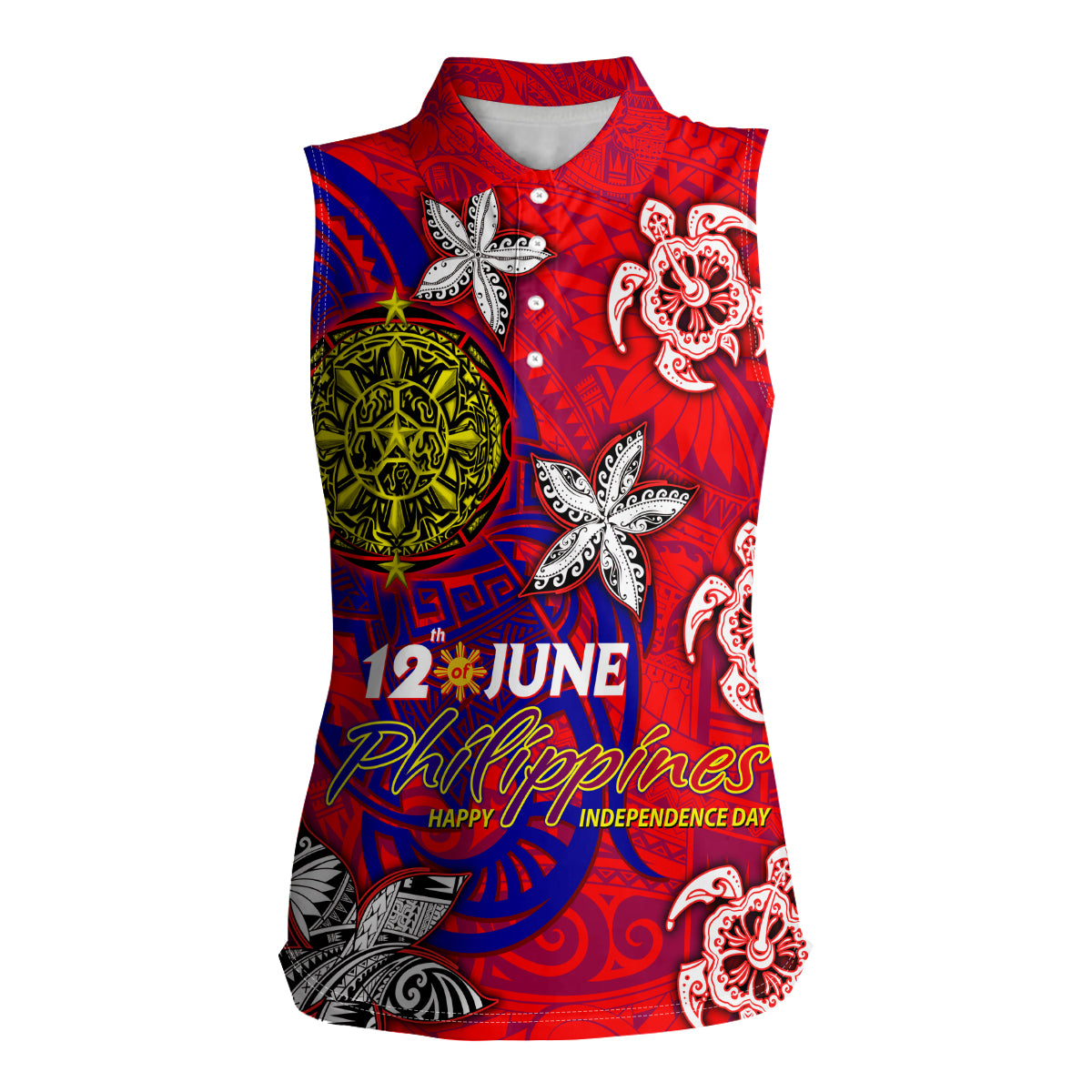 Personalized Philippines 12 June Independence Day Women Sleeveless Polo Shirt Polynesian Turtle Plumeria