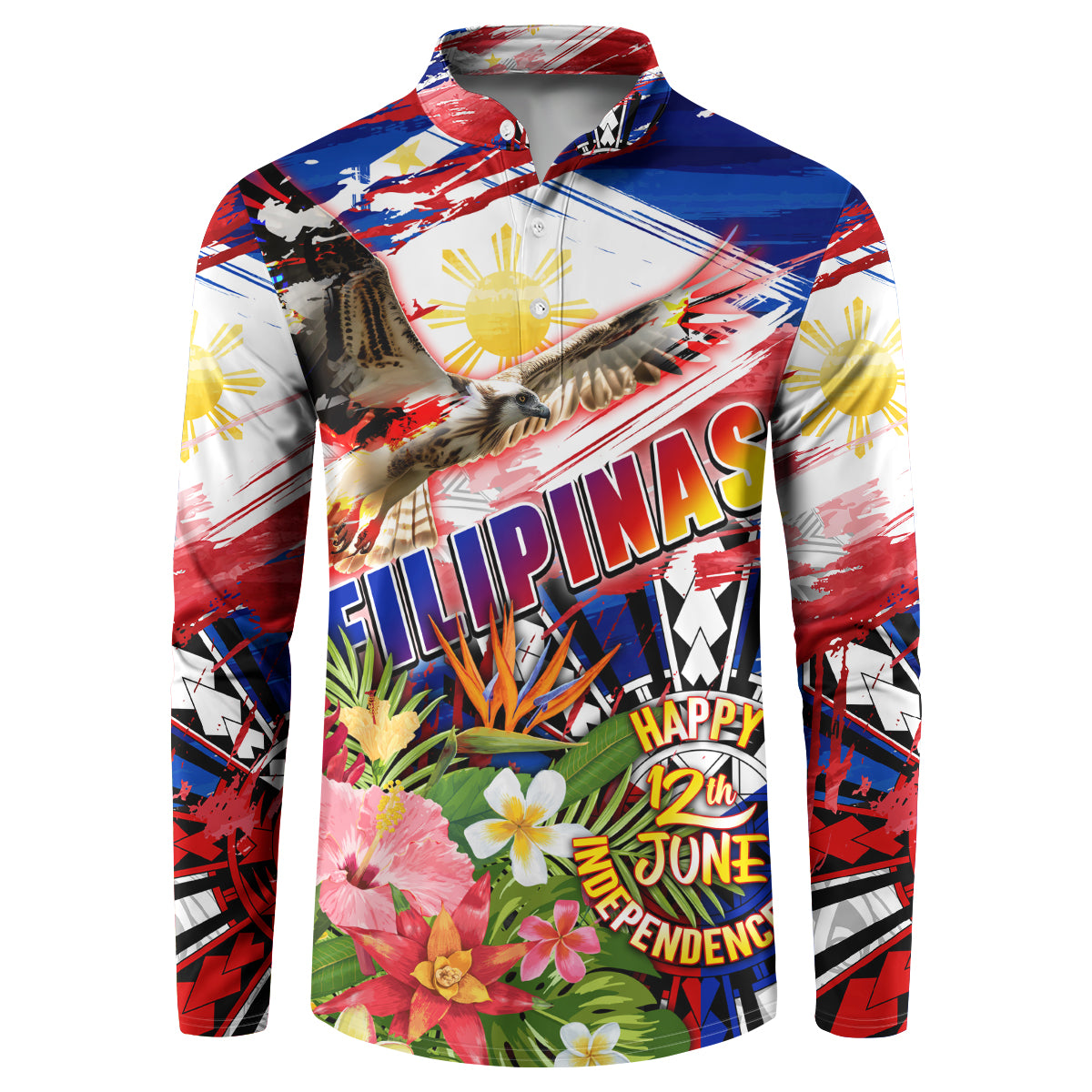 Personalized Philippines Independence Day Button Sweatshirt Polynesia Filipinas Eagle Hibiscus