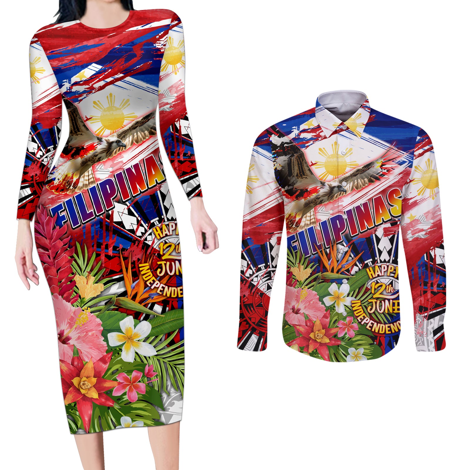 Personalized Philippines Independence Day Couples Matching Long Sleeve Bodycon Dress and Long Sleeve Button Shirt Polynesia Filipinas Eagle Hibiscus