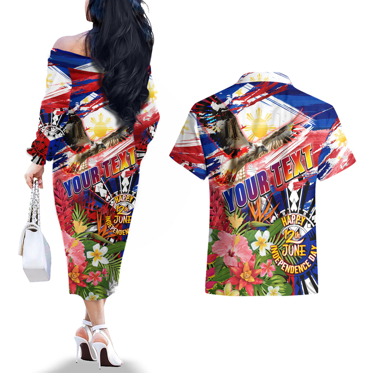 Personalized Philippines Independence Day Couples Matching Off The Shoulder Long Sleeve Dress and Hawaiian Shirt Polynesia Filipinas Eagle Hibiscus