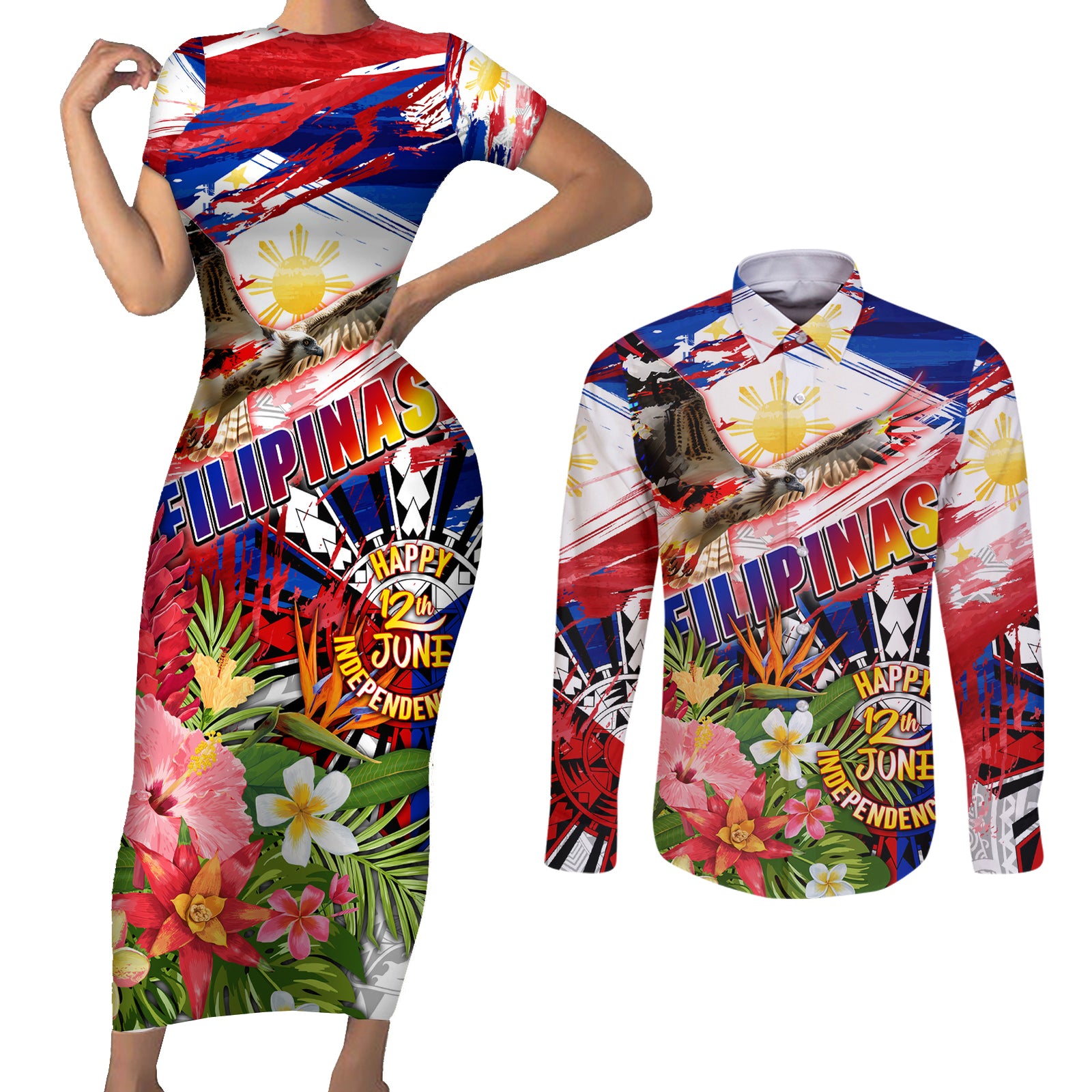 Personalized Philippines Independence Day Couples Matching Short Sleeve Bodycon Dress and Long Sleeve Button Shirt Polynesia Filipinas Eagle Hibiscus