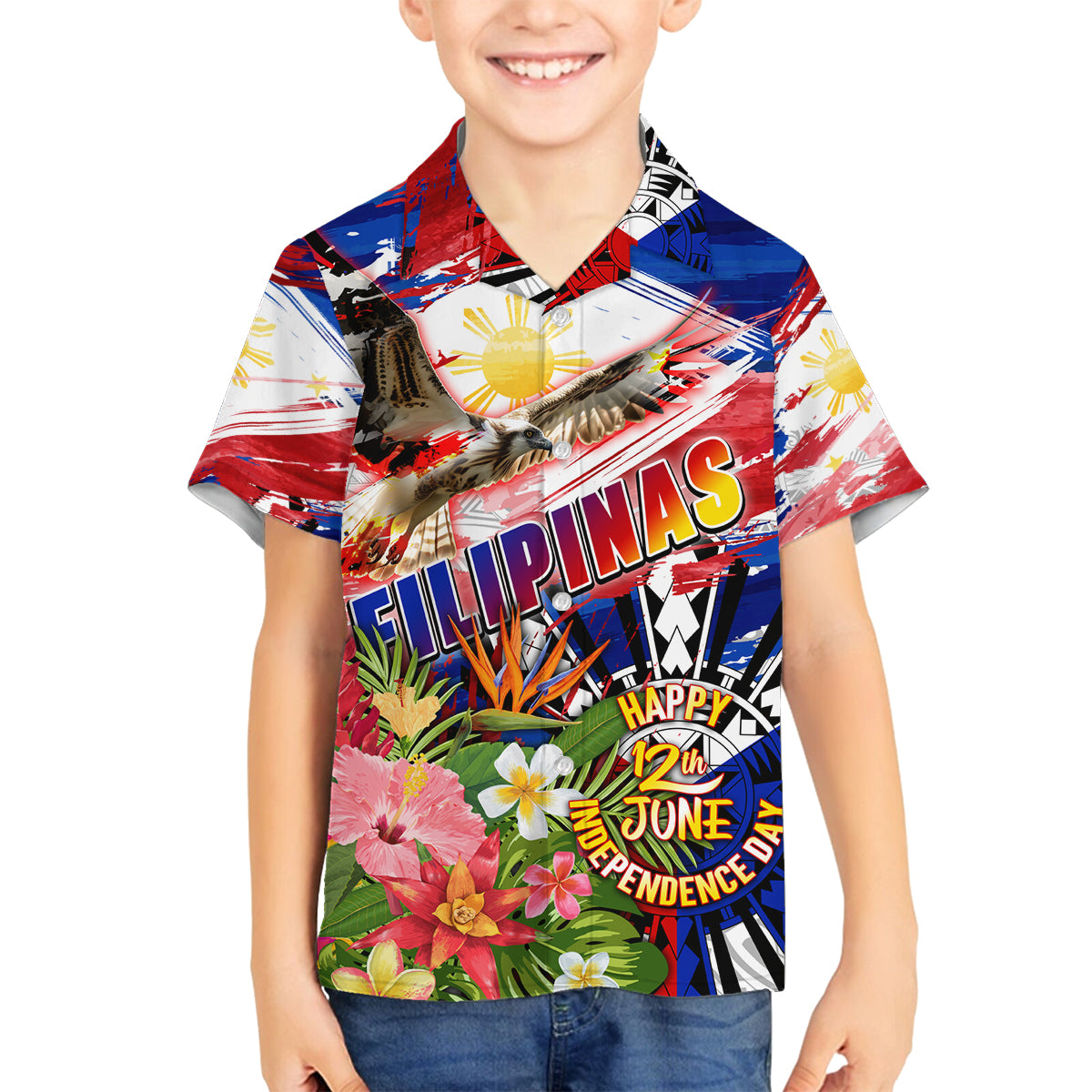 Personalized Philippines Independence Day Family Matching Long Sleeve Bodycon Dress and Hawaiian Shirt Polynesia Filipinas Eagle Hibiscus