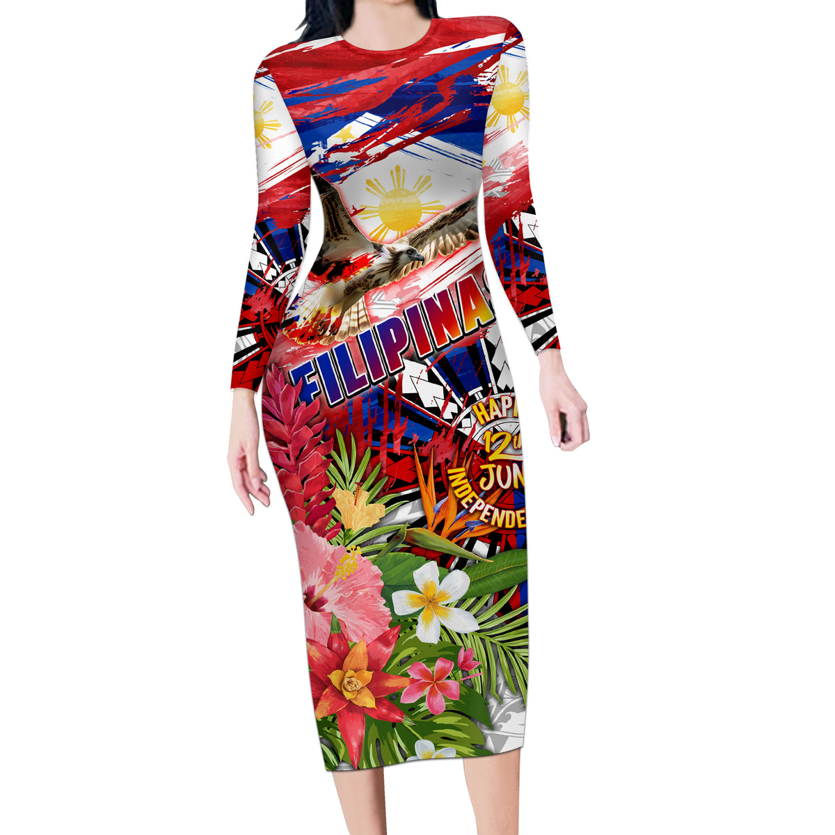 Personalized Philippines Independence Day Long Sleeve Bodycon Dress Polynesia Filipinas Eagle Hibiscus DT02 Long Dress Blue - Polynesian Pride