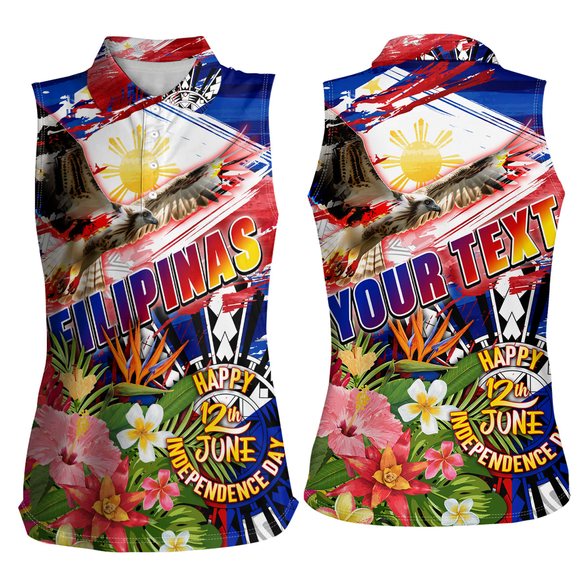 Personalized Philippines Independence Day Women Sleeveless Polo Shirt Polynesia Filipinas Eagle Hibiscus