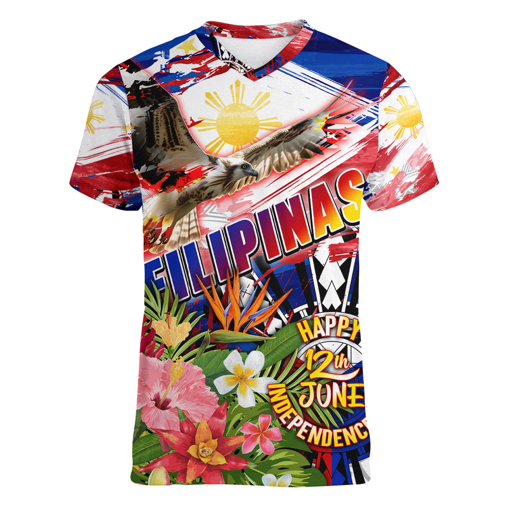 Personalized Philippines Independence Day Women V-Neck T-Shirt Polynesia Filipinas Eagle Hibiscus