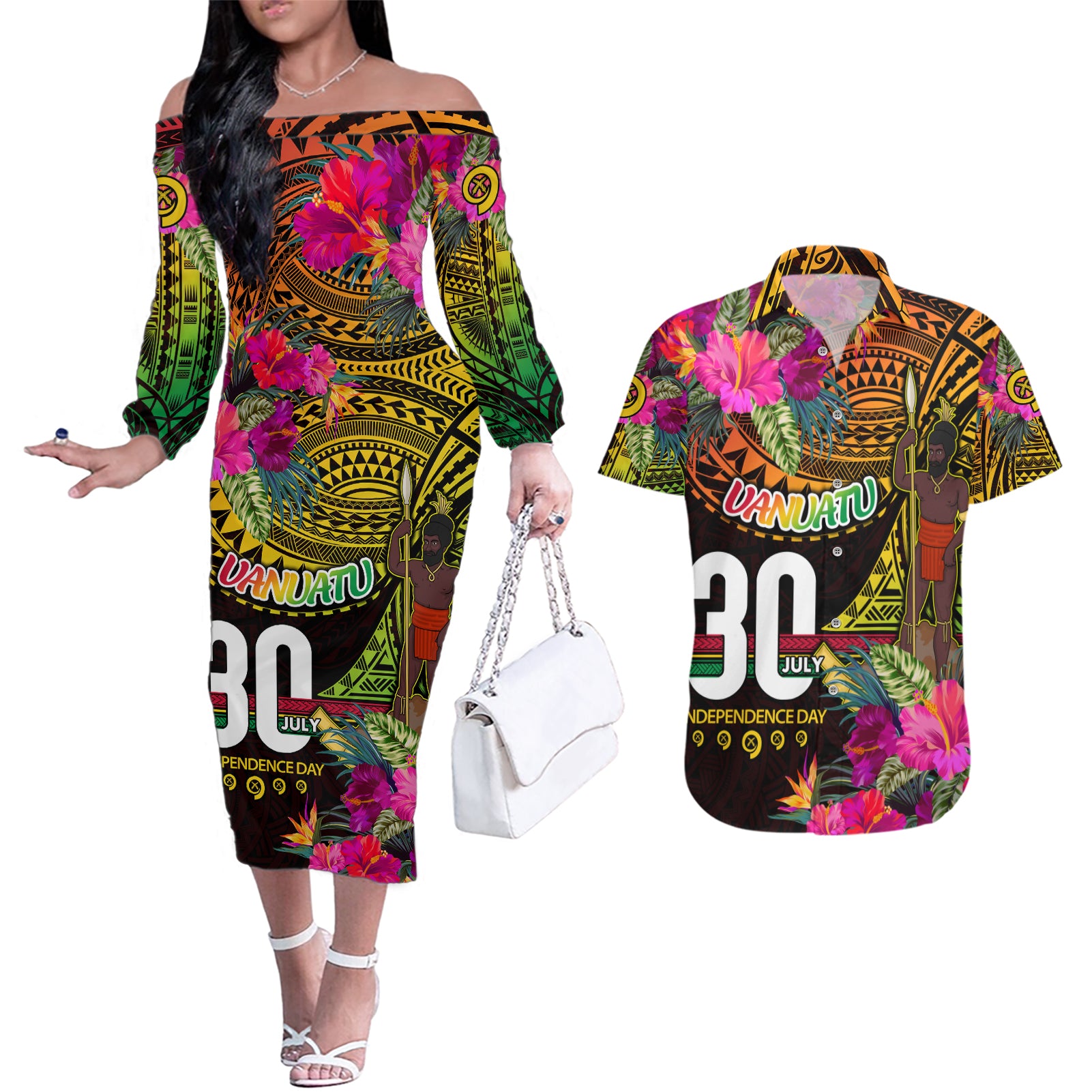 Personalised Vanuatu Independence Day 30 July Couples Matching Off The Shoulder Long Sleeve Dress and Hawaiian Shirt Hibiscus Polynesian Pattern