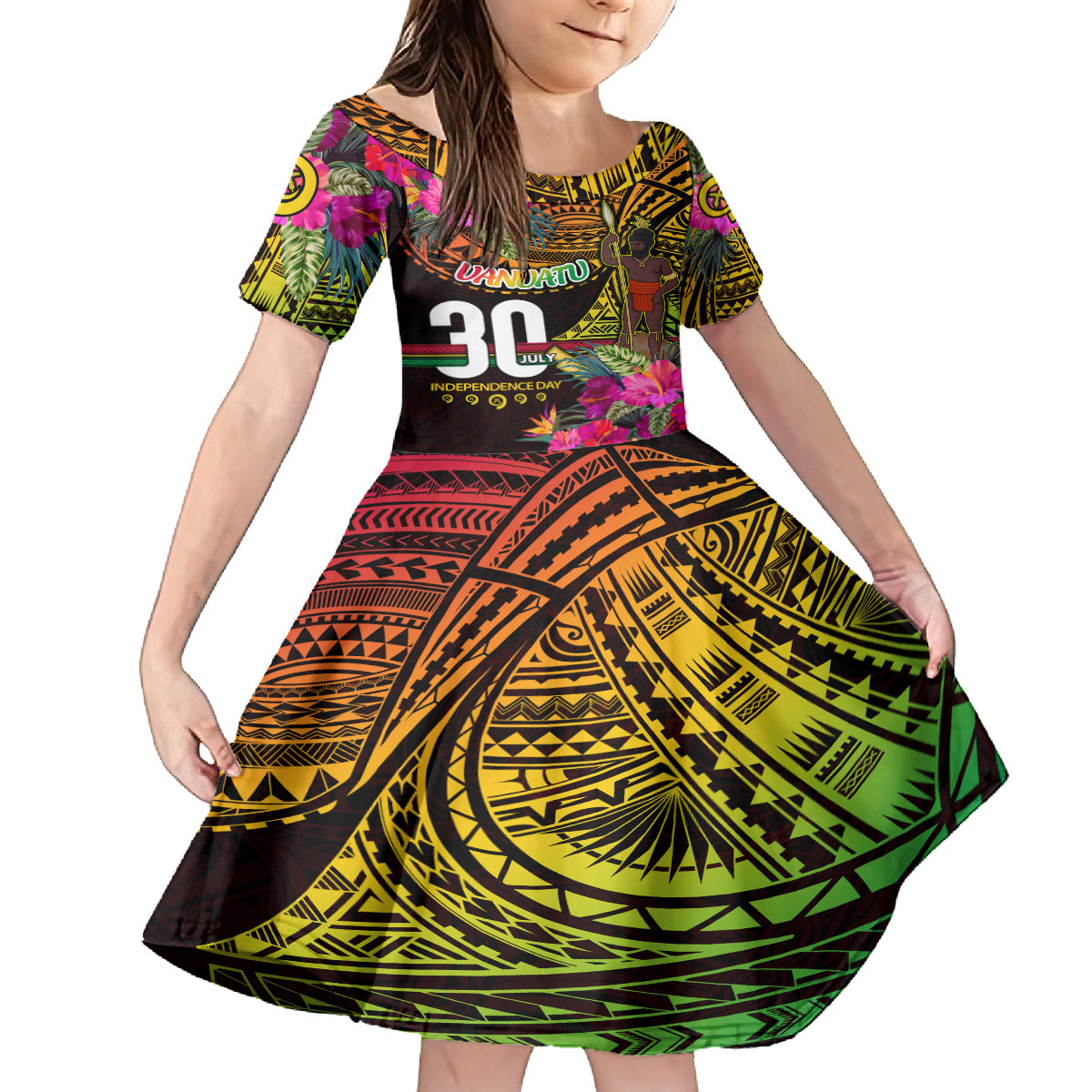 Personalised Vanuatu Independence Day 30 July Family Matching Off The Shoulder Long Sleeve Dress and Hawaiian Shirt Hibiscus Polynesian Pattern