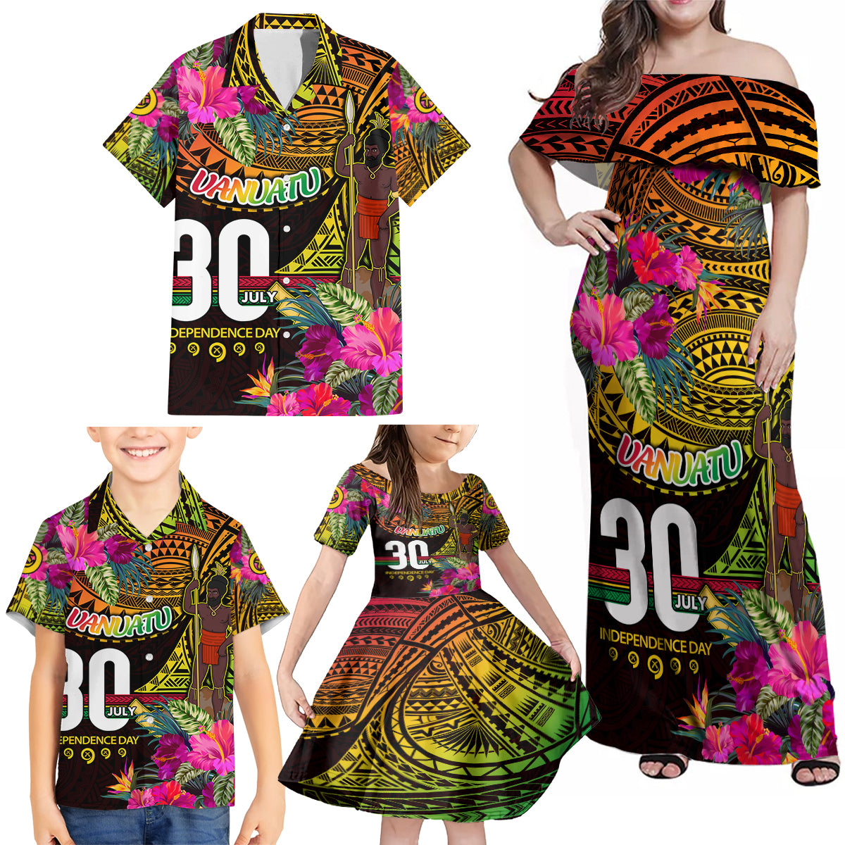 Personalised Vanuatu Independence Day 30 July Family Matching Off Shoulder Maxi Dress and Hawaiian Shirt Hibiscus Polynesian Pattern DT02 - Polynesian Pride