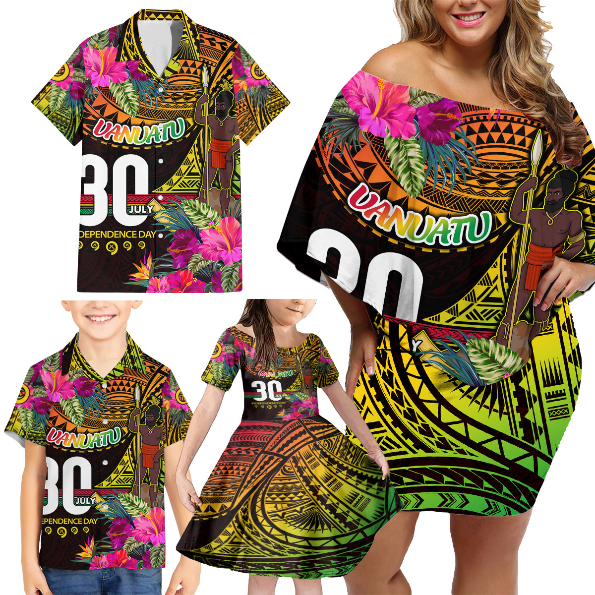 Personalised Vanuatu Independence Day 30 July Family Matching Off Shoulder Short Dress and Hawaiian Shirt Hibiscus Polynesian Pattern DT02 - Polynesian Pride