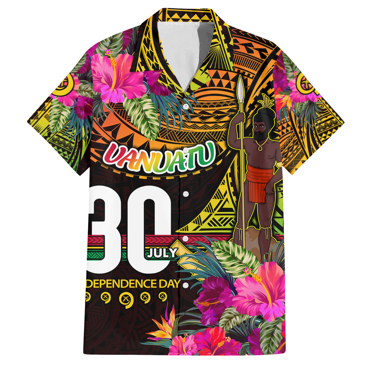 Personalised Vanuatu Independence Day 30 July Family Matching Off Shoulder Short Dress and Hawaiian Shirt Hibiscus Polynesian Pattern DT02 Dad's Shirt - Short Sleeve Yellow - Polynesian Pride