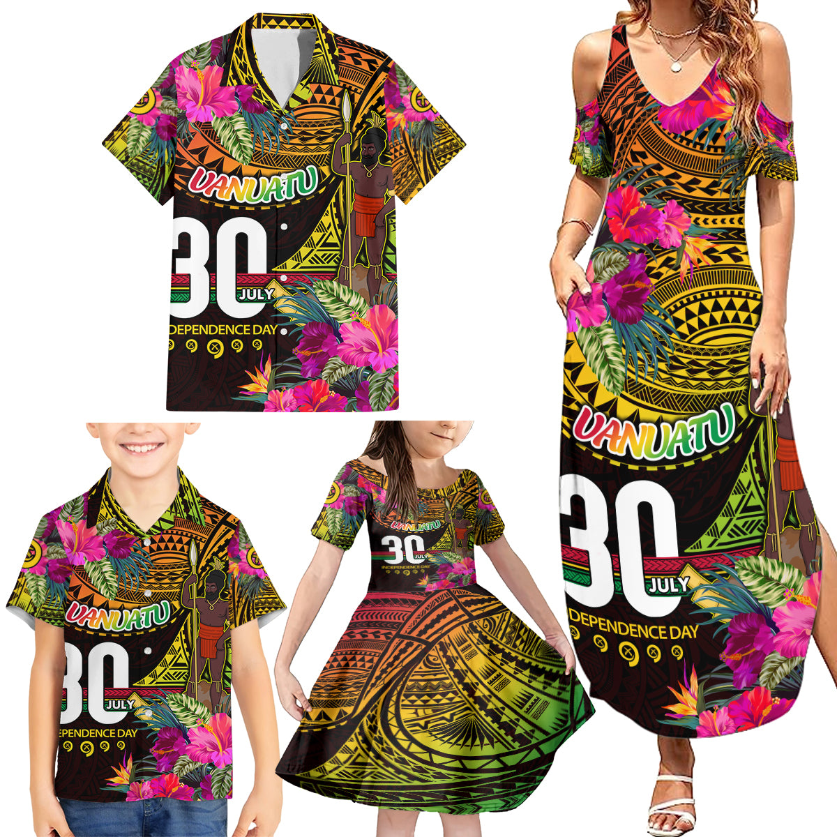 Personalised Vanuatu Independence Day 30 July Family Matching Summer Maxi Dress and Hawaiian Shirt Hibiscus Polynesian Pattern DT02 - Polynesian Pride