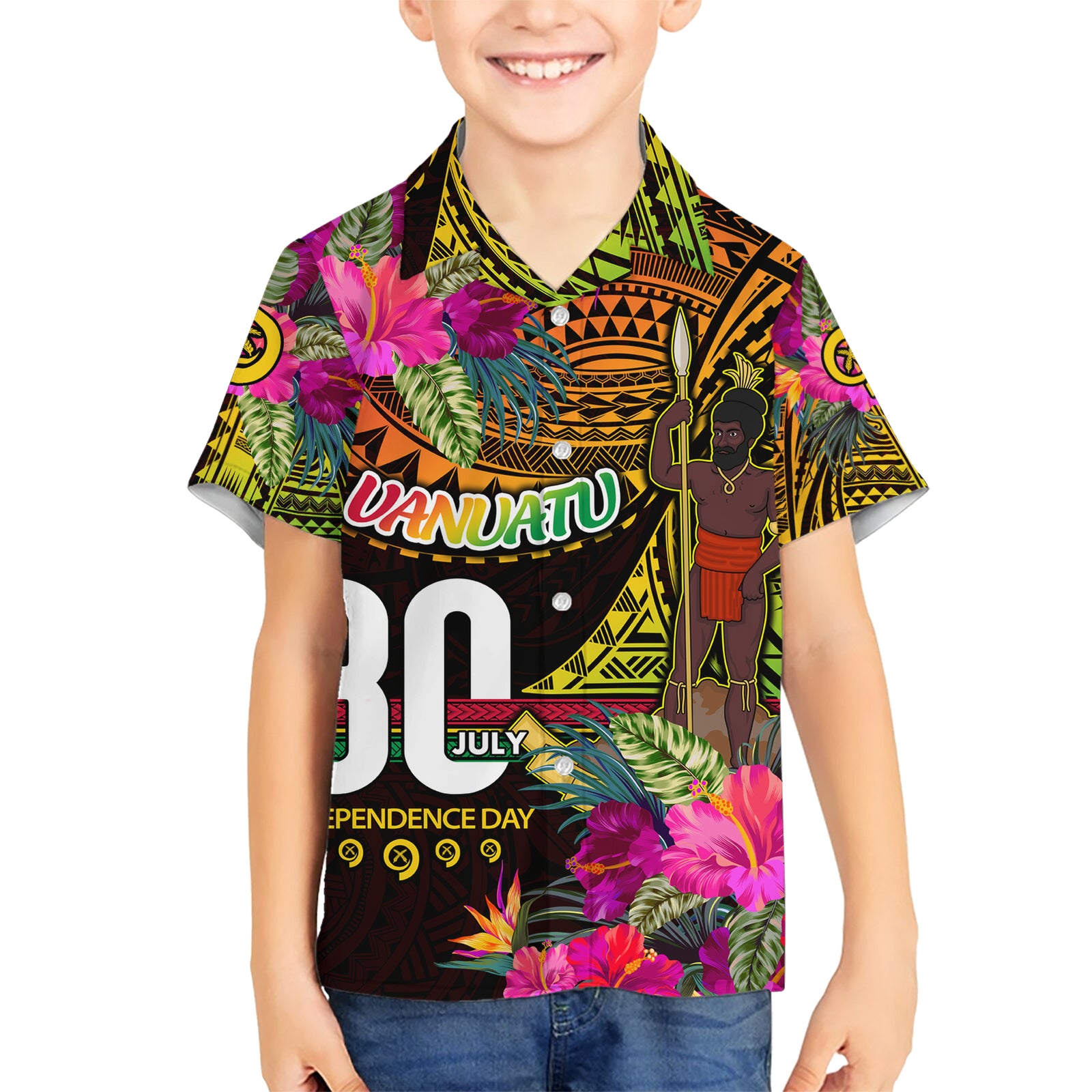 Personalised Vanuatu Independence Day 30 July Kid Hawaiian Shirt Hibiscus Polynesian Pattern