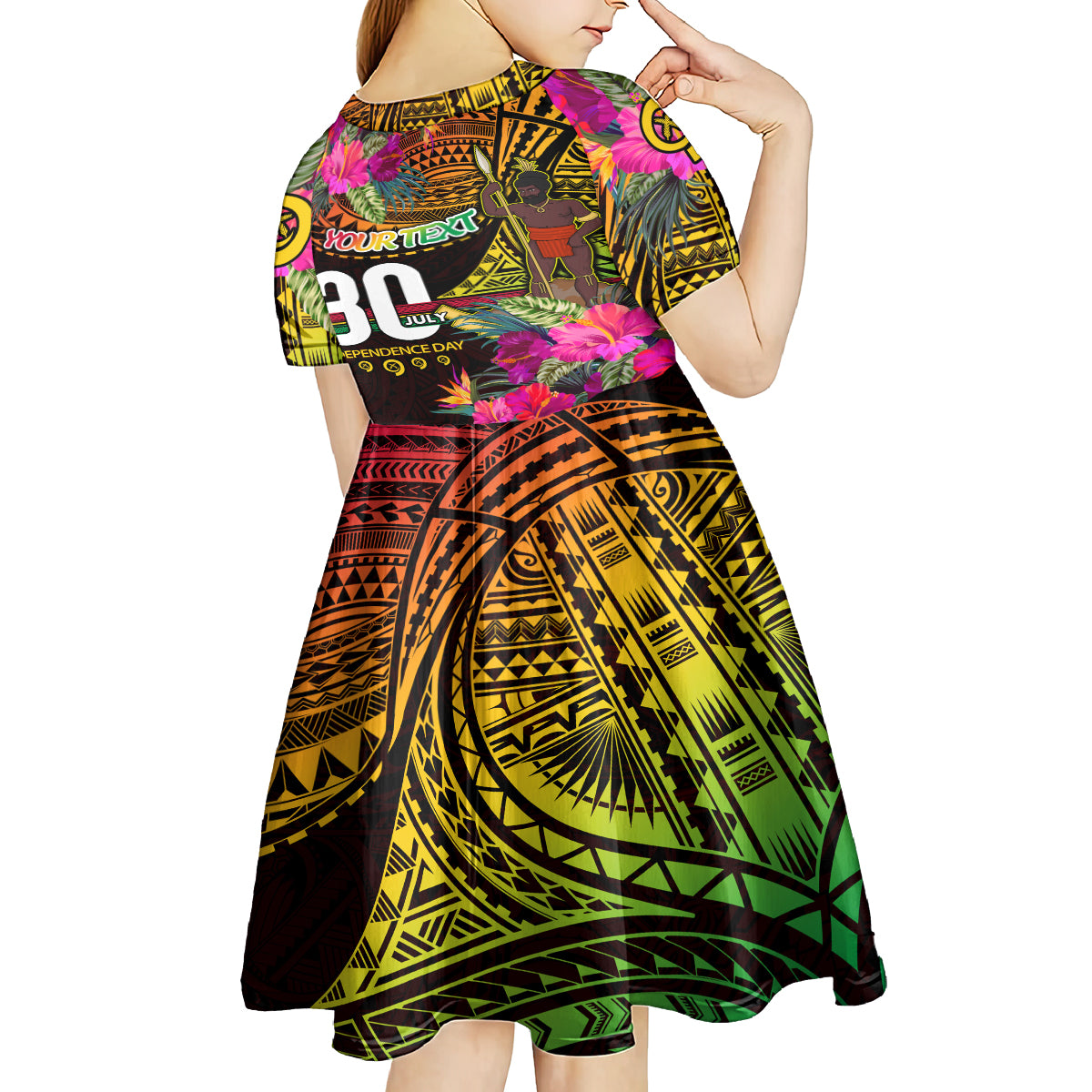 Personalised Vanuatu Independence Day 30 July Kid Short Sleeve Dress Hibiscus Polynesian Pattern DT02 - Polynesian Pride