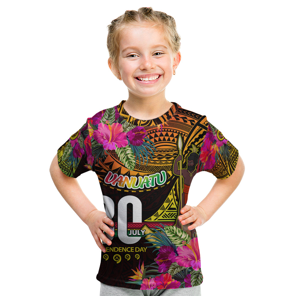 Personalised Vanuatu Independence Day 30 July Kid T Shirt Hibiscus Polynesian Pattern