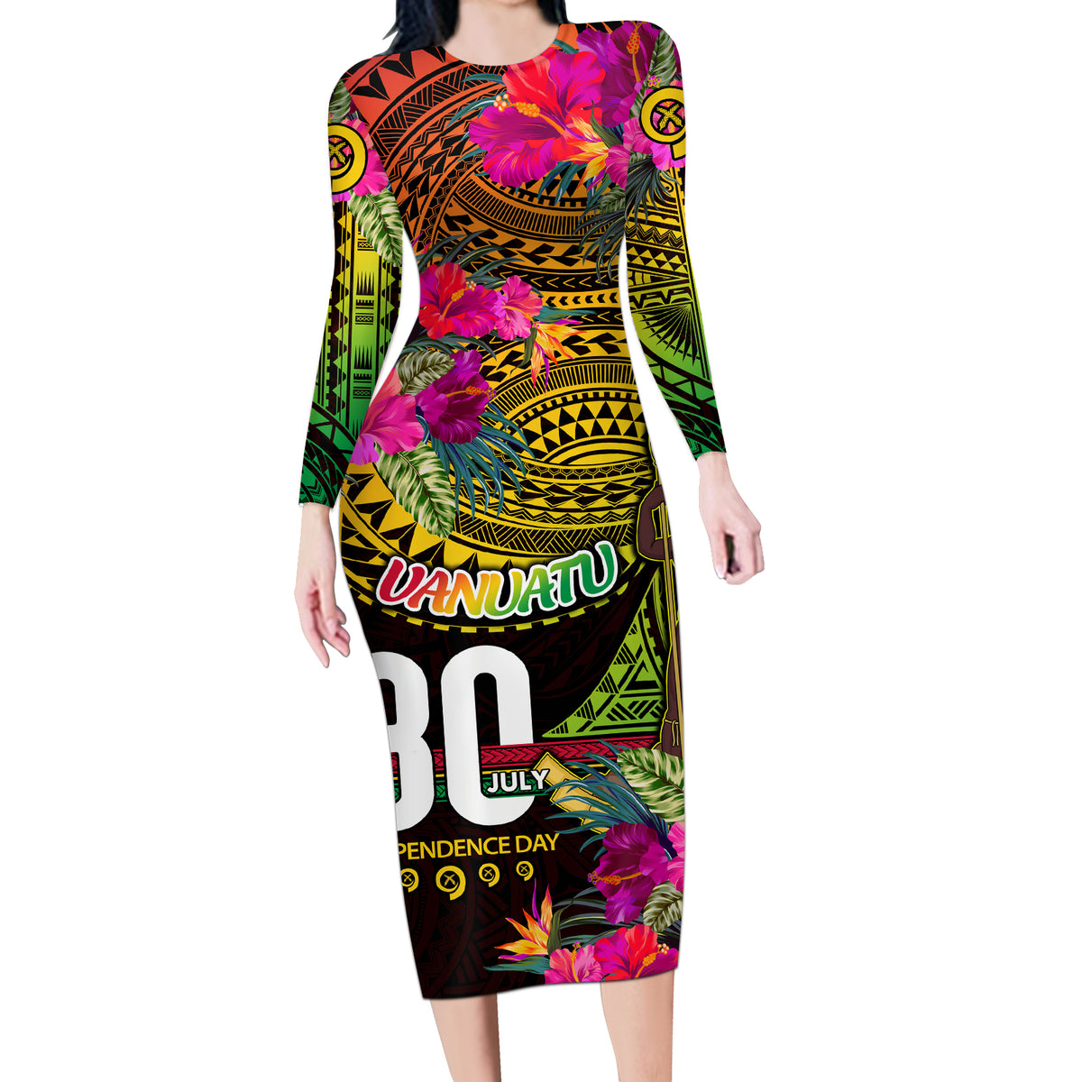 Personalised Vanuatu Independence Day 30 July Long Sleeve Bodycon Dress Hibiscus Polynesian Pattern DT02 Long Dress Yellow - Polynesian Pride