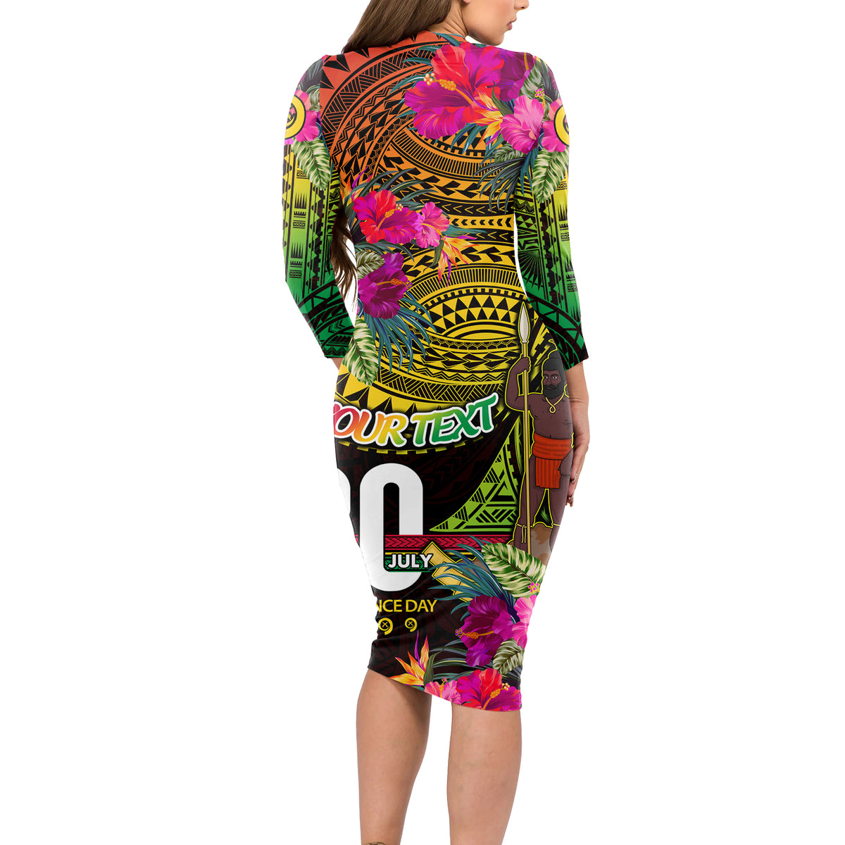 Personalised Vanuatu Independence Day 30 July Long Sleeve Bodycon Dress Hibiscus Polynesian Pattern DT02 - Polynesian Pride