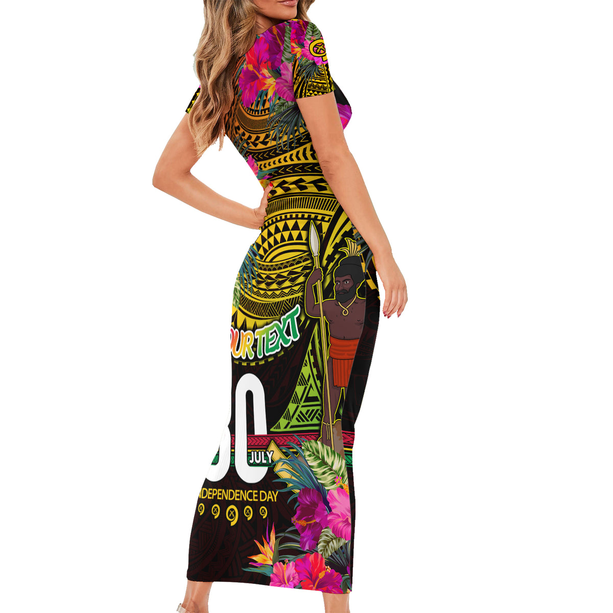 Personalised Vanuatu Independence Day 30 July Short Sleeve Bodycon Dress Hibiscus Polynesian Pattern
