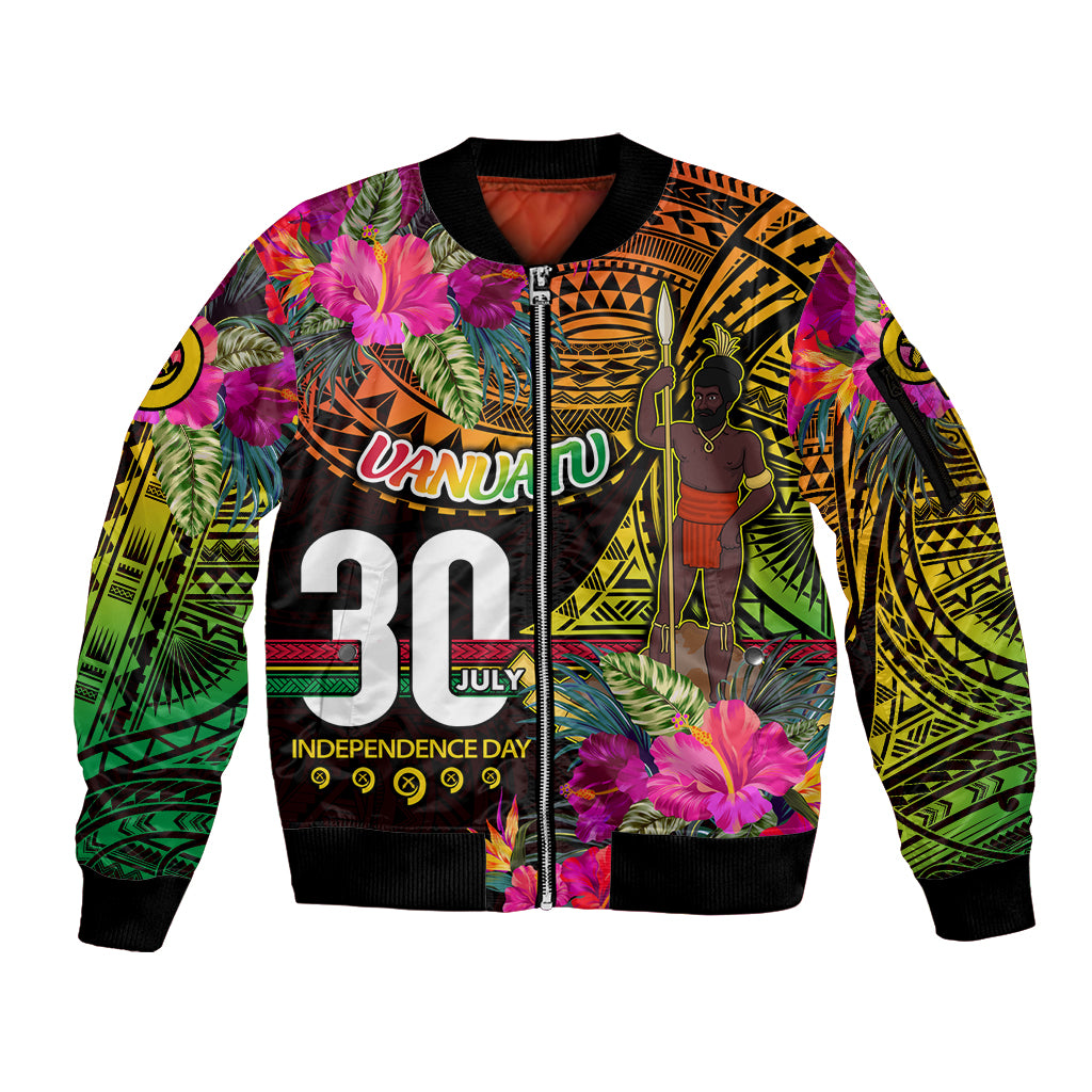 Personalised Vanuatu Independence Day 30 July Sleeve Zip Bomber Jacket Hibiscus Polynesian Pattern